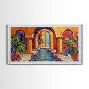 Courtyard Fountain, Colorful, Mediterranean, Framed Canvas Print, Spanish Style Art, Hallway Wall Decor, Bold Architecture Painting
