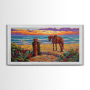 Horse Beach, Sunset, Western, Framed Canvas Print, Cowboy Art, Coastal Wall Decor, Rustic Boho Style, Entryway Statement Piece