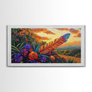 Feather Sunset, Flowers, Nature, Framed Canvas Print, Boho Feather Wall Art, Fall Home Decor, Living Room Autumn Art, Nature Painting