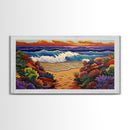 Waves Beach, Sunset, Coastal, Framed Canvas Print, Ocean Wall Art, Colorful Seascape Decor, Nautical Living Room Accent, Coastal Vibes