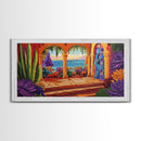 Patio Ocean, Paradise, View, Canvas Print tropical patio view art, living room coastal decor, sunset painting, Mediterranean vibes