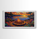 Firepit Sunset, Cozy, Night, Canvas Print warm evening campfire artwork, fall wall decor, lakeside cabin print, romantic outdoor setting