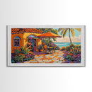 Patio Palm, Ocean, Framed Canvas Print, Tropical Patio Garden Scene, Warm Mediterranean Style Wall Decor,  Dining Room Art