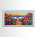 Beach Trail, Succulents, Ocean Path, Framed Canvas Print, Vibrant desert-to-ocean painting perfect Kitchen Wall Art or Boho Coastal Decor