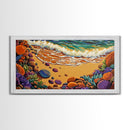 Coastal Shoreline, Footprints, Framed Canvas Print, Coastal beach waves and footprints art with colorful rocks, Bathroom Wall Art