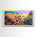 Beach Path, Ocean, Sunset, Canvas Print, Colorful beach path with stones and ocean waves, vibrant coastal Living Room Wall Art