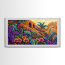 Jungle, Flowers, Adobe, Hillside, Framed Canvas Print tropical wall art, vibrant living room decor, boho jungle scene painting