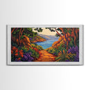 Trail Trees, Ocean, Bright, Framed Canvas Print vibrant nature path artwork, coastal forest boho art, kitchen wall decor