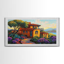 Villa Hillside, Coastal, Colorful, Framed Canvas Print Mediterranean house art, vibrant landscape painting, kitchen boho decor print