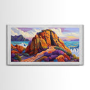 Ocean Cave, Rocky Coast, Lavender Brush, Framed Canvas Print, Bold Nature Wall Art, Vibrant Bedroom or Study Coastal Decor