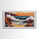 Sunset Surf, Crashing Waves, Coastal Mountains, Canvas Print, Vibrant Seascape Wall Art, Beach House Art, Bathroom Ocean Decor
