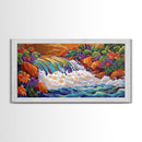 Rainbow, Waterfall, Jungle, Sunset, Framed Canvas Print Tropical boho art, bathroom art, living room decor, floral nature painting