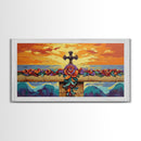 Cross Sunset, Flowers, Spiritual, Coastal Cross Sunset Framed Canvas Print, Christian Wall Art, Floral Beach Decor, Living Room Art