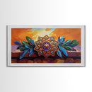 Mandala Sunset, Leaves, Ornament, Framed Canvas Print, spiritual boho wall decor, entryway wall art, zen home sacred symbol painting