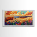 Shotgun Floral, Sunset, Western, Framed Canvas Print, rustic hunting cabin art, bold Americana decor, man cave or lodge wall print