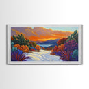 Winter Sunset, Lake, Trees, Framed Canvas Print, Autumn cabin wall art, colorful landscape living room decor, mountain snow painting