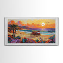 Horse Carriage, Sunset, Beach, Framed Canvas Print, coastal western art, rustic sunset scene, boho living room wall decor