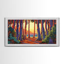 Trees Forest, Ocean, Sunset, Coastal Forest Path Framed Canvas Print, Nature Lover Wall Art, Cabin Decor, Fall Living Room Art