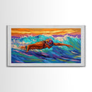 Swimmer Waves, Sunset, Athletic Art, Framed Canvas Print, Ocean Decor, Fitness Wall Art, Bedroom Inspiration, Bold Summer Style