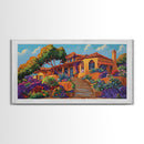 Villa Garden, Adobe, Colorful, Framed Canvas Print, vibrant Mexican villa wall art, blooming flowers, southwestern kitchen décor