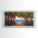 Beach Trees, Tunnel, Ocean, Sunset beach tunnel view, Framed Canvas Print, Coastal Boho Decor, Romantic Seaside Wall Art