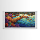 Tree, Ocean, Cliffside, Wildflowers, Framed Canvas Print, Vibrant ocean view, coastal tree decor, autumn style living room wall art