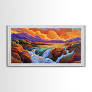 Sunset, Waterfall, Mountains, Autumn, Framed Canvas Print, Mountain sunset wall decor, autumn river art, rustic boho living room art
