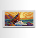 Sunrise, Waves, Rocks, Ocean, Canvas Print, Sunrise coastal print, ocean splash wall art, spiritual sunburst decor, beach home accent