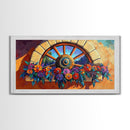 Rustic Floral, Window, Art, Framed Canvas, Print Mexican flower wagon wheel wall art, vibrant southwestern decor, boho patio print