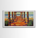 Pier Beach, Sunset, Vibrant, Canvas Print tropical coastal wall art, beach hallway decor, ocean waves painting, summer home artwork