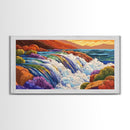 Waterfall Rainbow, Canyon, Bold, Framed Canvas Print vibrant nature bathroom decor, boho rainbow mountain wall art, fantasy print