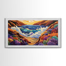 Ocean Sunset, Wave Splash, Framed Canvas Print, colorful crashing waves, rocky coast wall decor, Beach House Wall painting