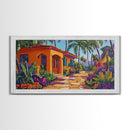 Villa, Palm Trees, Pathway, Lush Garden, warm tropical Canvas Print, boho patio decor, summer bungalow living room wall art