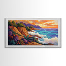 Ocean Cliffside, Sunset, View, Framed Canvas Print vibrant coastal nature artwork Living Room Wall Art beach house boho wall decor