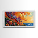 Sunset Coast, Rug, Framed Canvas Print, Sunset Beach Art, Magic Carpet Illustration, Vibrant Coastal Decor, Dreamy Bedroom Art