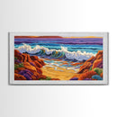 Surf Shoreline, Rocks, Sunset, Vibrant coastal Canvas Print, wave crashing beach art, living room ocean scene, colorful boho seascape