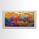 Reef Sunset, Underwater, Framed Canvas Print, Vibrant coral reef with tropical plants, sunset sky, Beachy decor, Bathroom Wall Art