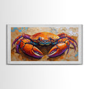 Crab Colorful, Beach, Framed Canvas Print, Brightly painted crab on sand, Ocean Kitchen Decor, Playful Beach Art, Coastal Wall Art