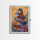 Ducks Colorful, Whimsical, Pair, Framed Canvas Print, Animal couple wall art, farmhouse nursery artwork, folk style bird painting
