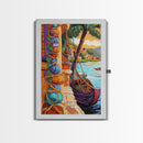 Tropical Boat, Village, Shoreline, Canvas Print, Coastal Wall Art, Vibrant Travel Scene, Boho Seaside Decor, Beach House Painting