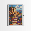 Rocky Pathway, Flowers, Framed Canvas Print, Vibrant Desert Trail Art, Colorful Landscape Wall Decor, Boho Living Room Wall Art