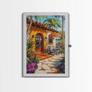 Villa Poolside, Palm, Paradise, Framed Canvas Print, tropical patio wall art, coastal Mediterranean decor, outdoor relaxation art, boho vibe