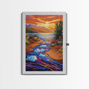 Icebergs River, Sunset, Autumn, Framed Canvas Print colorful autumn iceberg painting, vibrant sunset water flow, fall landscape wall art