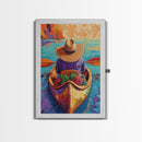 Hat River, Canoe, Bright Framed Canvas Print, Relaxing Boho Wall Art, Colorful Nature Lover Gift, Unique Summer Travel Vibes
