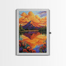 Mountain Reflection, Lake, Sunset, Framed Canvas Print, Vibrant Nature Wall Art, Rustic Cabin Decor, Bold Sunset Landscape Painting