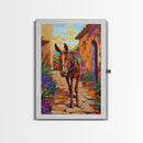 Donkey Village, Rustic, Whimsy, Framed Canvas Print, Southwestern Farmhouse Decor, Colorful Animal Wall Art, Entryway Accent Piece