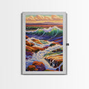 Waves Rocky, Shoreline, Sunset, Framed Canvas Print, Coastal Nature Art, Vibrant Seascape Wall Decor, Bathroom or Living Room Art