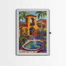 Spanish Fountain, Courtyard, Tropical, Framed Canvas Print, Vibrant Summer Wall Art, Hacienda Living Room Decor, Eclectic Boho Style