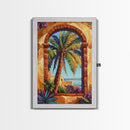 Palm Tree, Tropical Window, Coastal Home, Framed Canvas Print, beach wall art, boho art, Mediterranean decor, Kitchen Wall Art