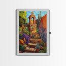 Garden Shrine, Stone Steps, Mission Style, Framed Canvas Print, colorful religious art, desert decor, boho rustic, Living Room Wall Art